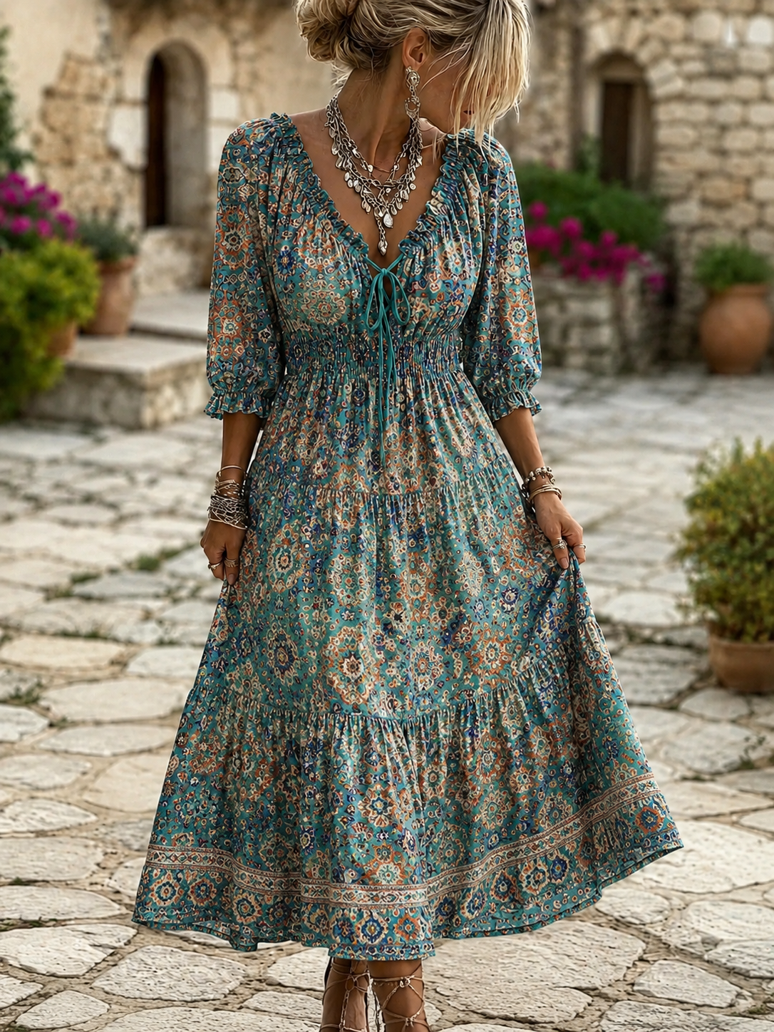 Retro Floral Art Print V-Neck Midi Dress